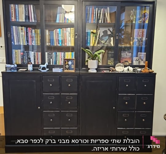 ארון ספרים שחור עם מדפים מלאים בספרים וחפצים דקורטיביים